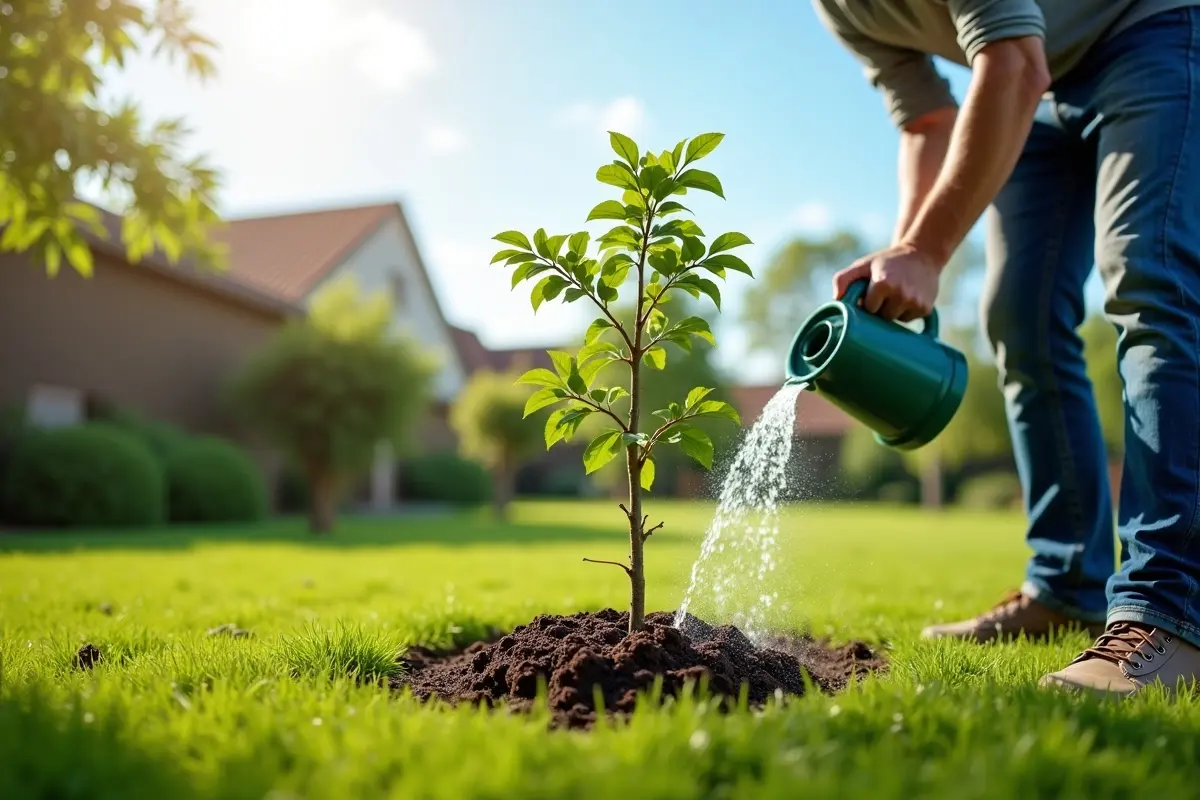 man watering small tree in the garden